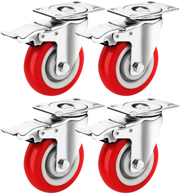 Heavy Duty Safety Dual Locking Red Pu Plate Swivel Casters