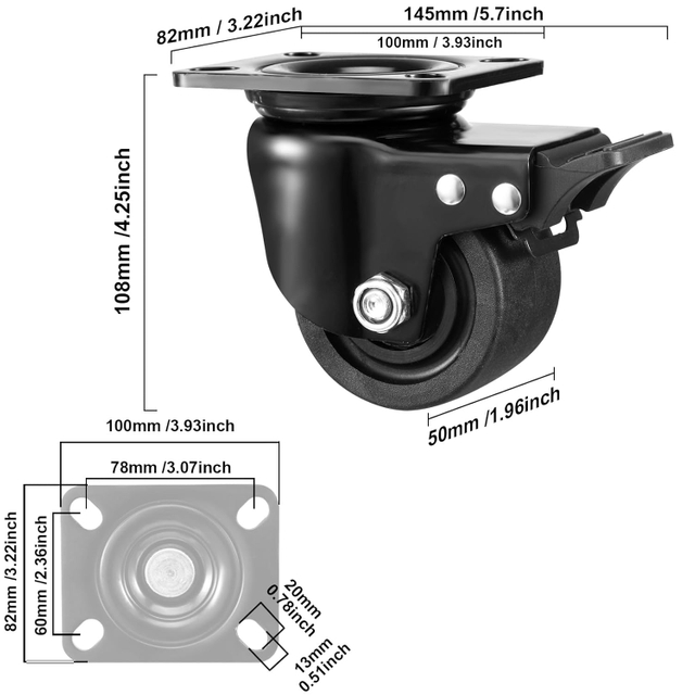 چرخ‌های چرخ‌دار مشکی طرح مرکز جاذبه کم 3 اینچی با ترمز