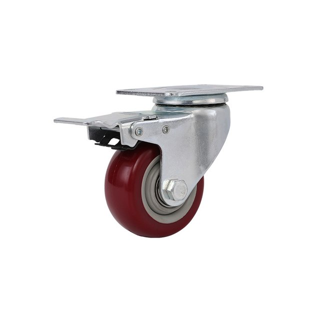Swivel Plate ng Caster Wheels na May Preno Sa Mga Pulang Polyurethane Wheels (3 Inch na May Preno)