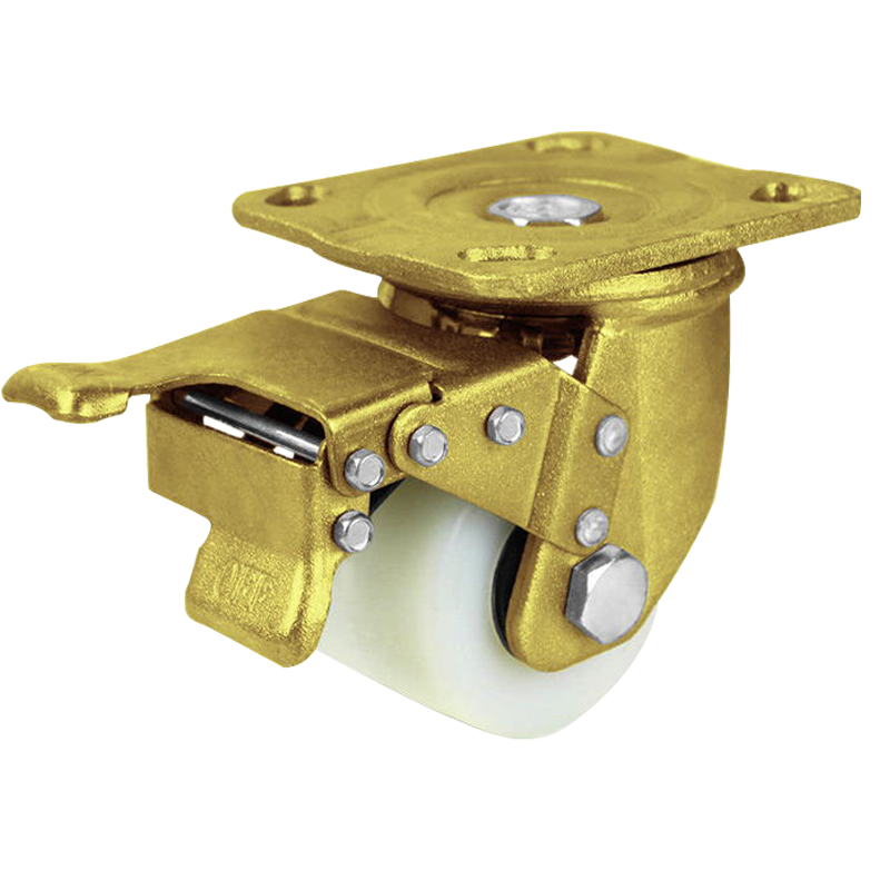 3palcov&eacute; pevn&eacute; kolečko pro těžk&yacute; provoz s n&iacute;zk&yacute;m těžištěm 300 kg, zatahovac&iacute; zlat&eacute; PU polyuretanov&eacute; kolečko