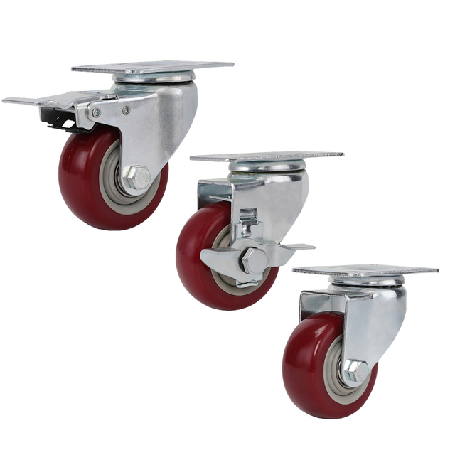 Swivel Plate ng Caster Wheels na May Preno Sa Mga Pulang Polyurethane Wheels (3 Inch na May Preno)